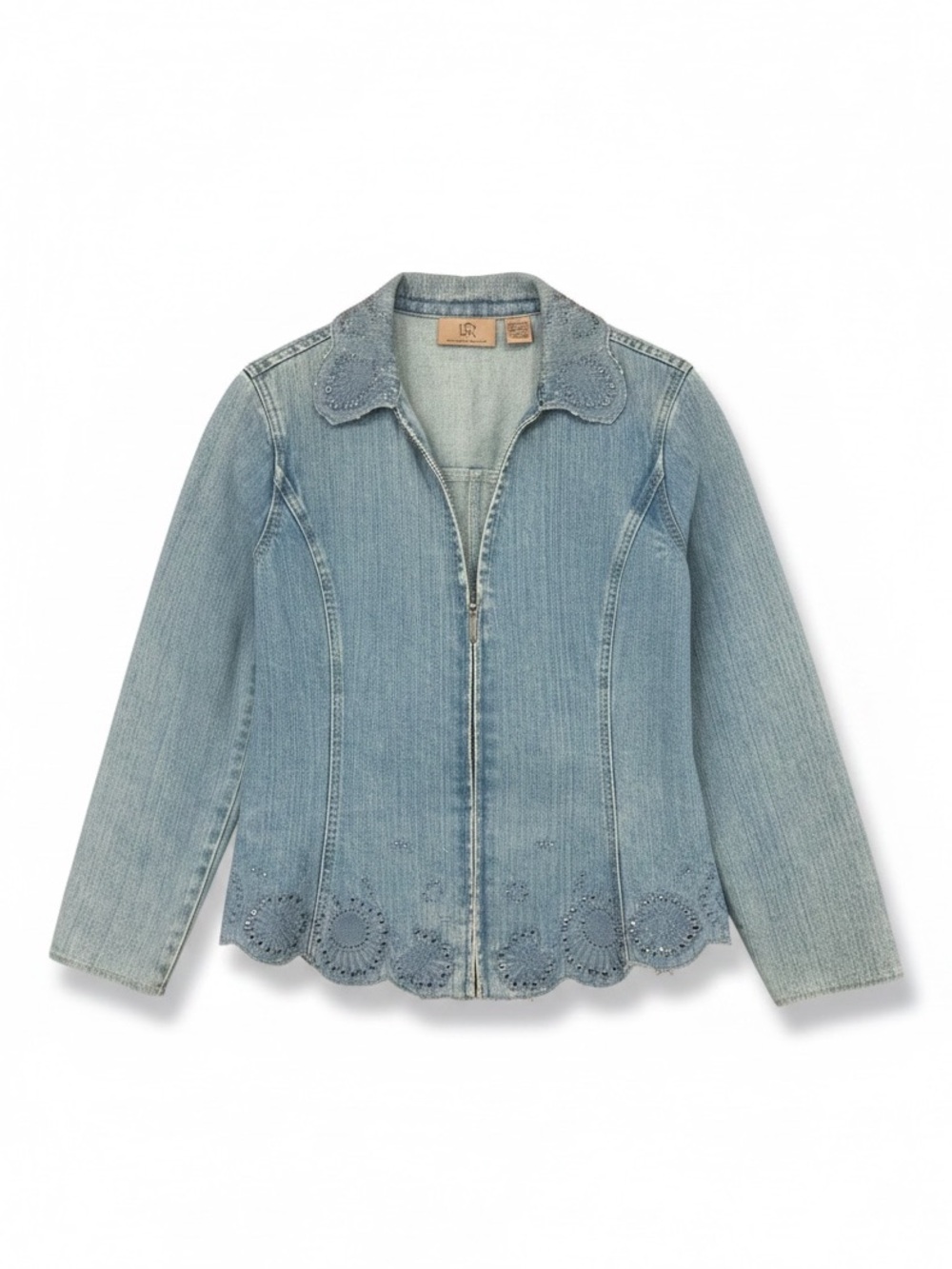 Dana Buchman Blue Denim Jean Jacket Embroidered Studded Distressed Size 10